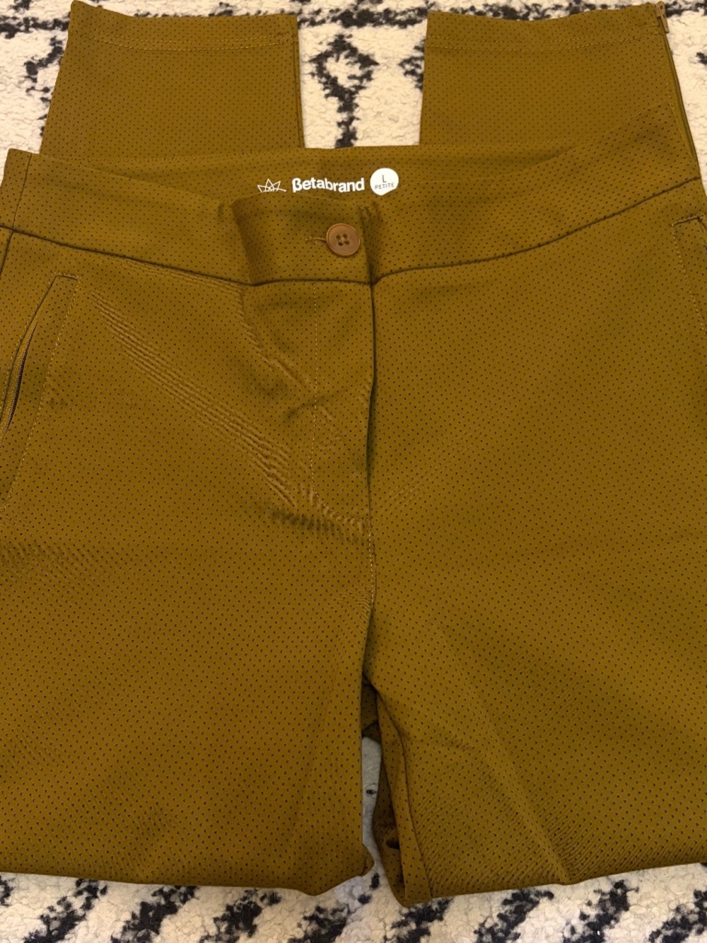 Betabrand Women's L Petite Mustard Yellow Polka Dot Yoga Cropped Dress Pants